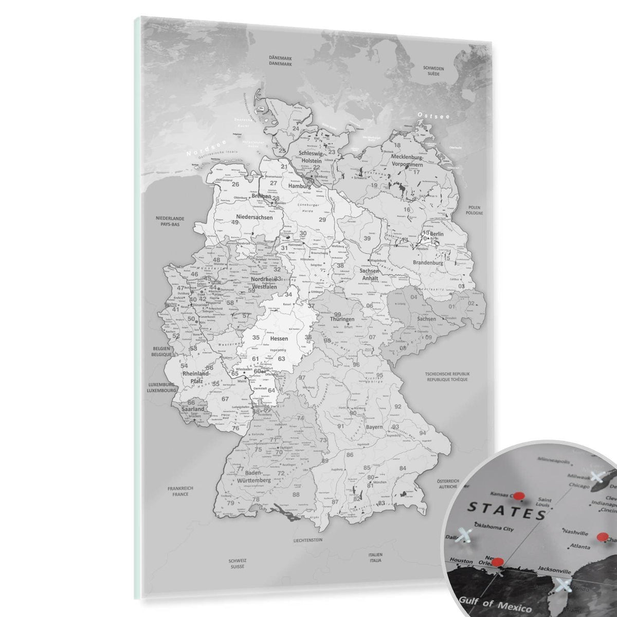 Magnetisches Glasbild - Deutschlandkarte Hellgrau
